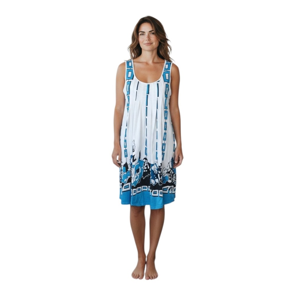 Sheilay Women's L Geometric‎ Floral Print Pleats Cotton Blend Beachy Tank Dress